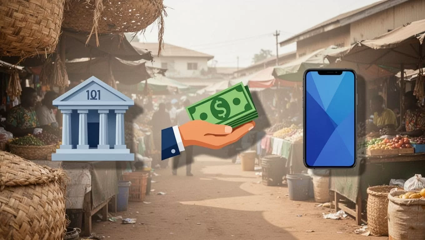 Three simple icons—bank building, hand-held cash, smartphone—arranged in row on neutral background with subtle market scene.