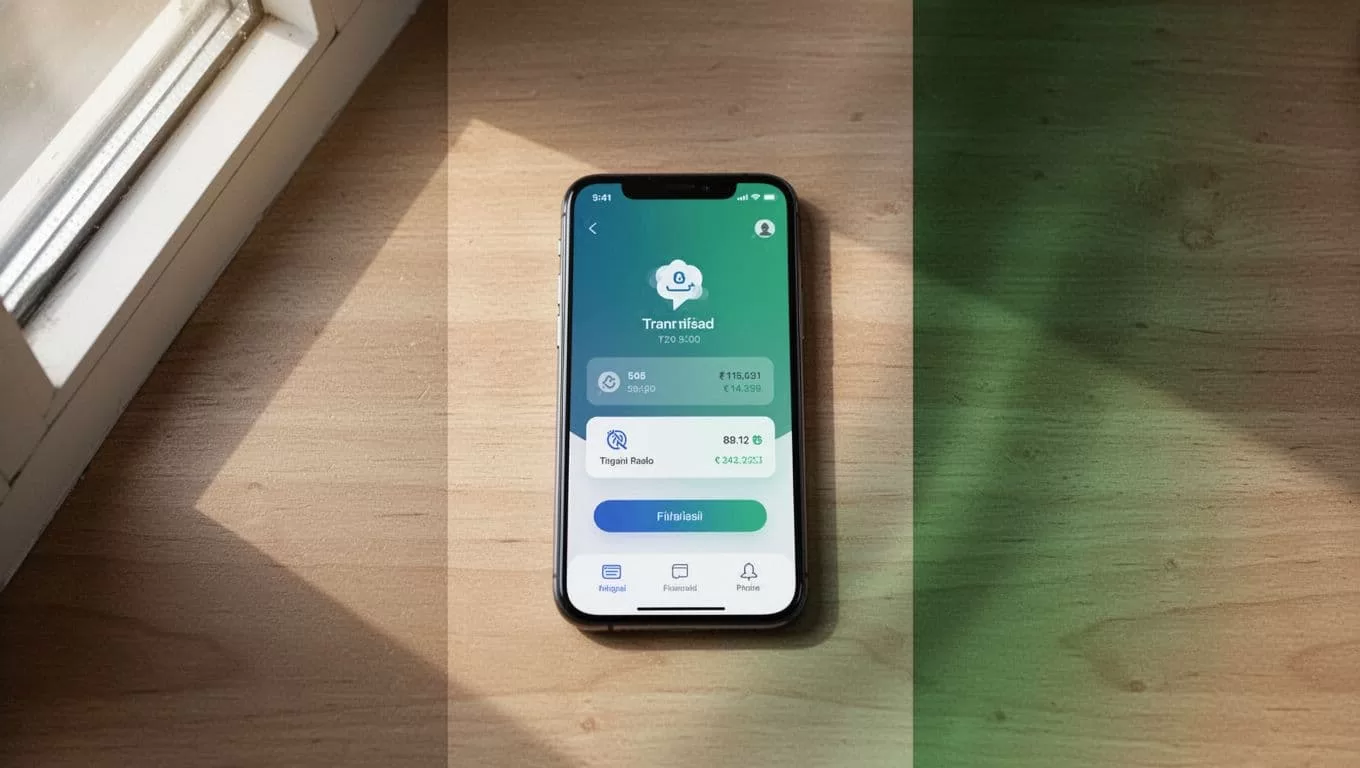 Smartphone on desk displays money transfer app screen with Nigerian flag elements in background.