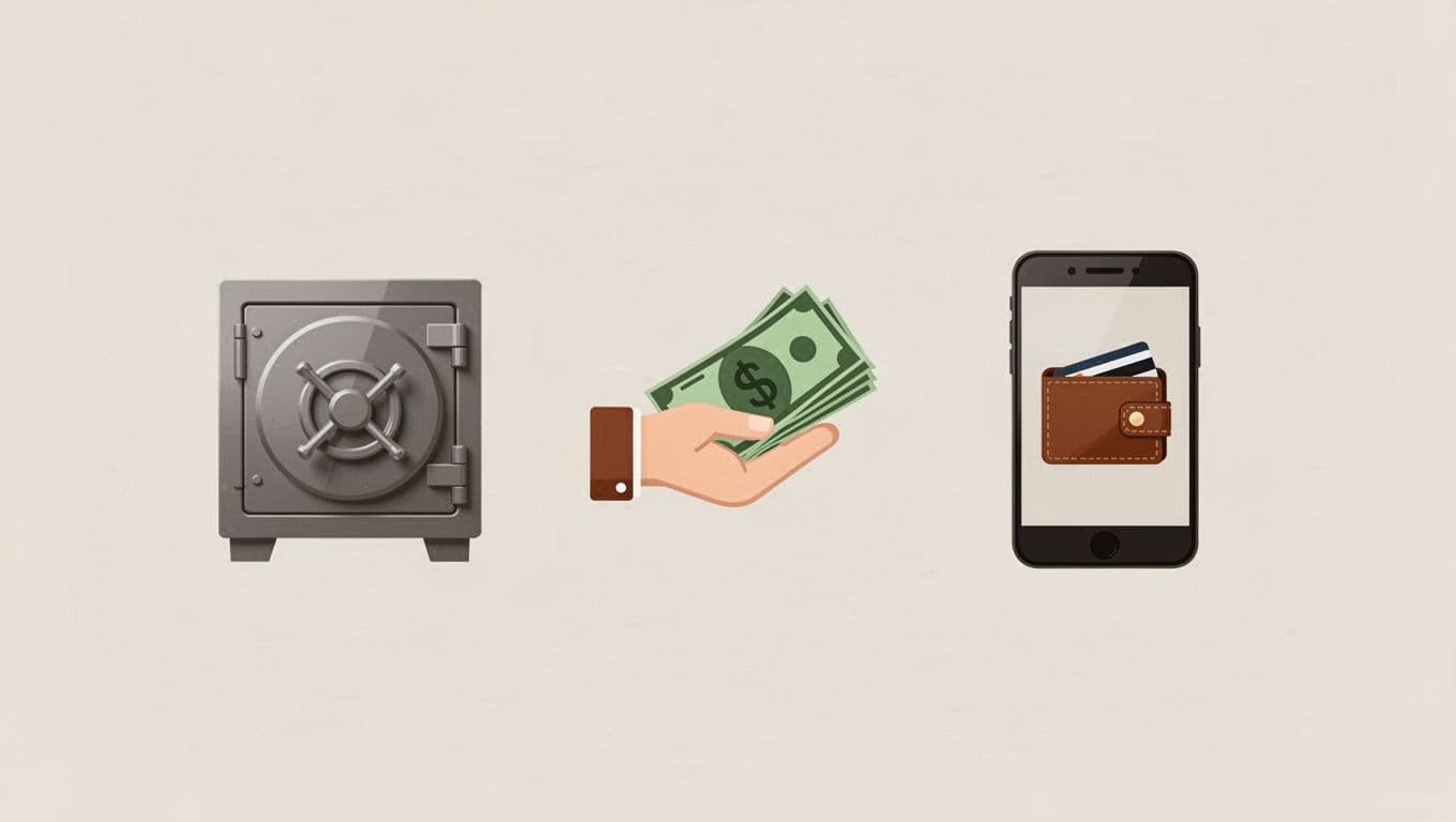 Three icons for bank deposit, cash pickup, and mobile wallet on a simple chart with neutral background.
