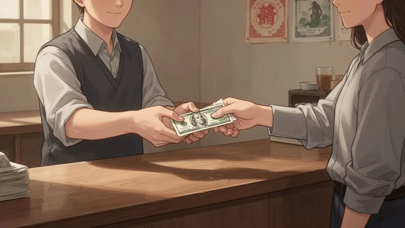 Customer receives cash envelope from agent behind counter.