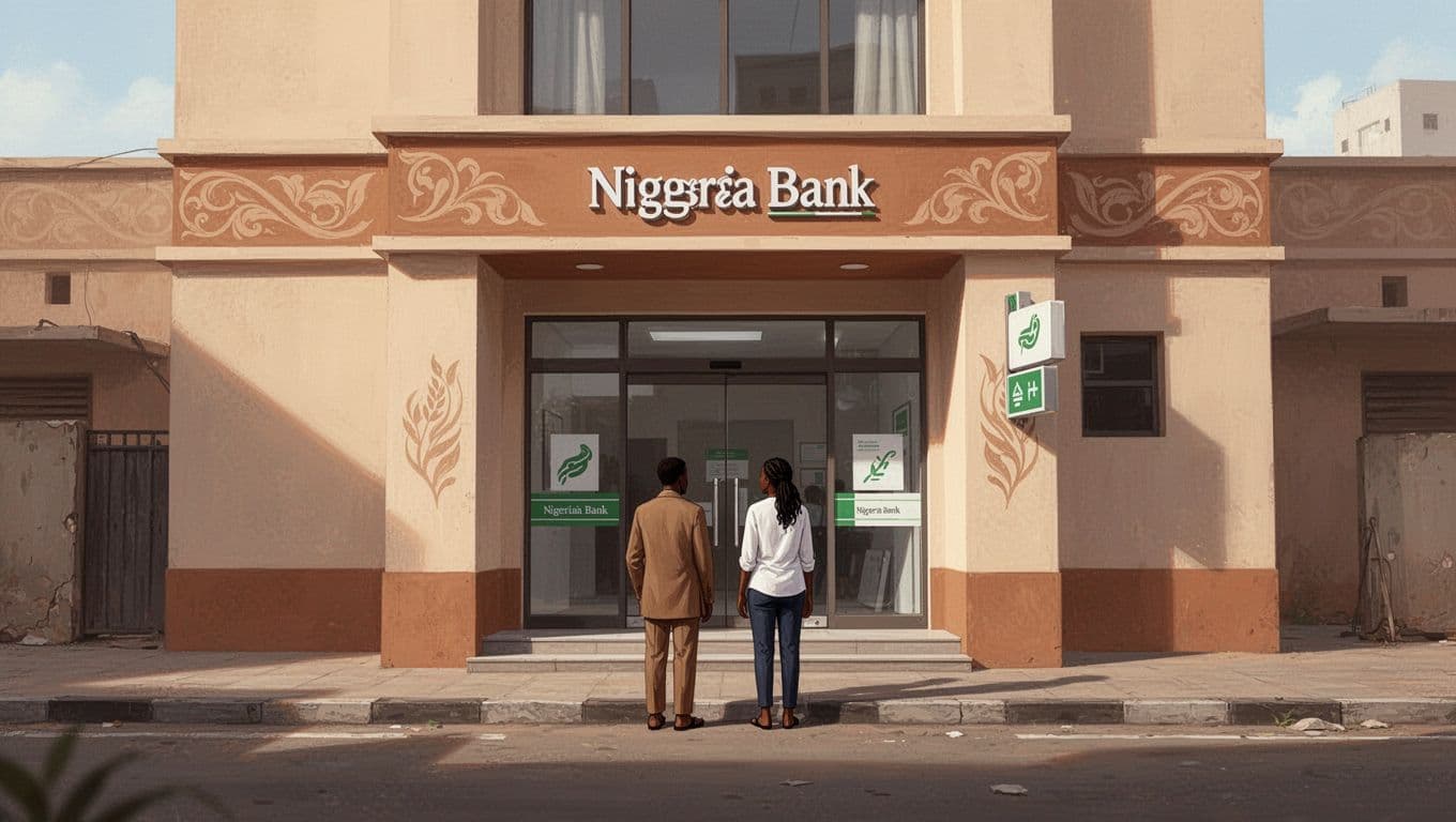Exterior of Nigerian bank branch with two people waiting relaxed at entrance in daylight.