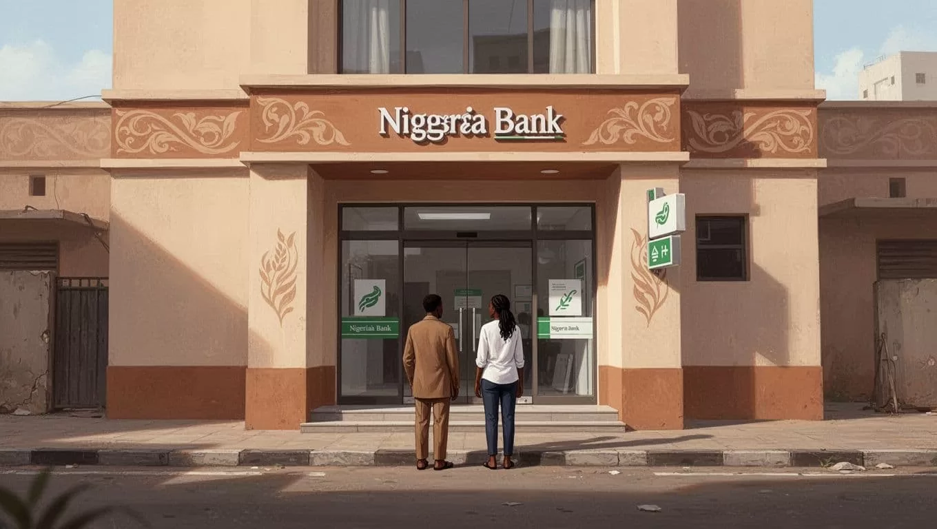 Exterior of Nigerian bank branch with two people waiting relaxed at entrance in daylight.
