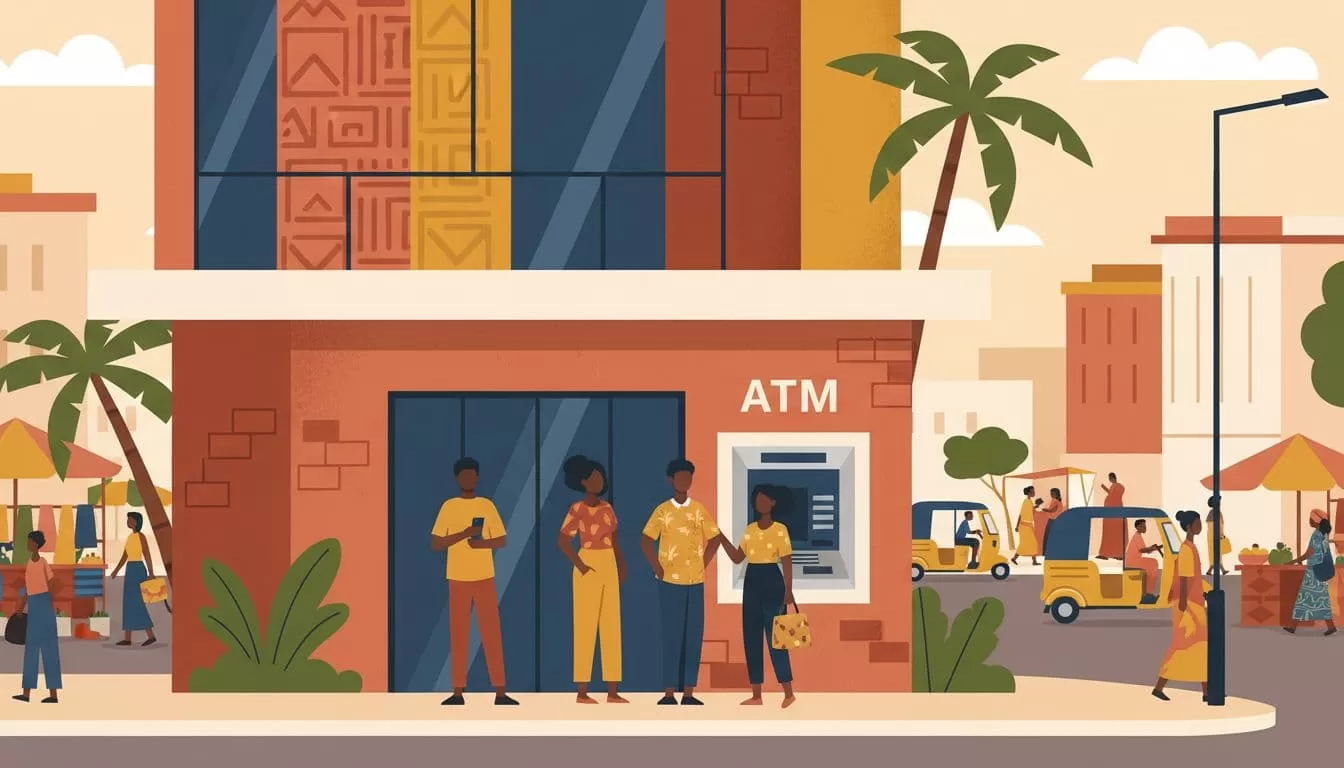 Nigerian bank exterior in urban street with three people waiting in short queue.
