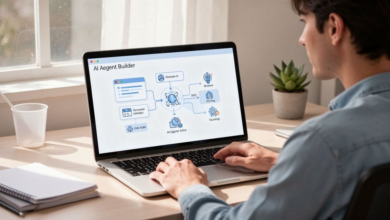 Person at clean desk chats on laptop with no-code agent builder interface showing workflow diagram.