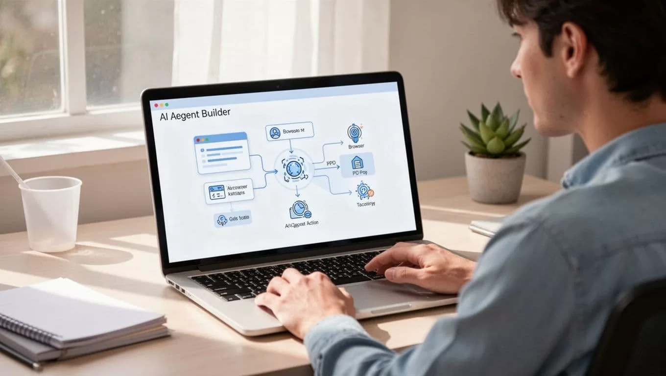 Person at clean desk chats on laptop with no-code agent builder interface showing workflow diagram.