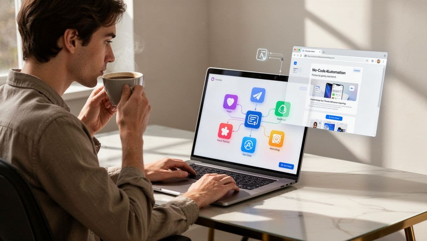 Person at desk with coffee mug views laptop screen showing no-code AI automation dashboard with connected app icons and browser agent on website.