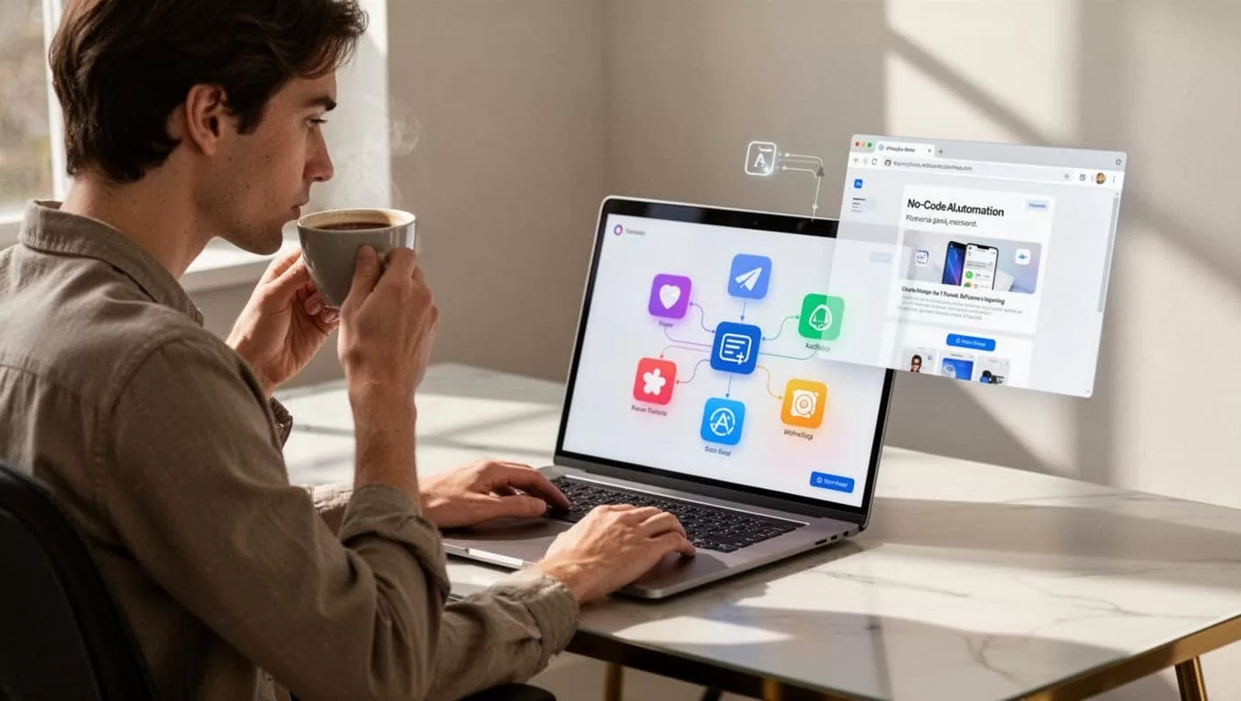 Person at desk with coffee mug views laptop screen showing no-code AI automation dashboard with connected app icons and browser agent on website.
