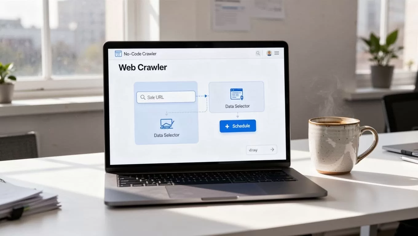 Laptop screen shows clean no-code web crawler interface with drag-and-drop URL input, selectors, and schedule button on desk with coffee mug.