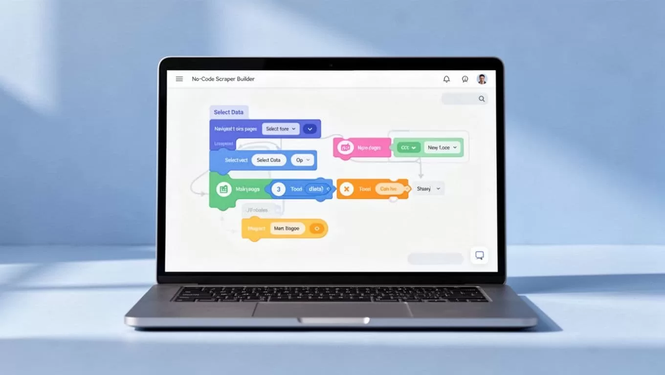 Laptop screen shows clean dashboard with drag-and-drop blocks for selecting data and navigating pages in blue tones.