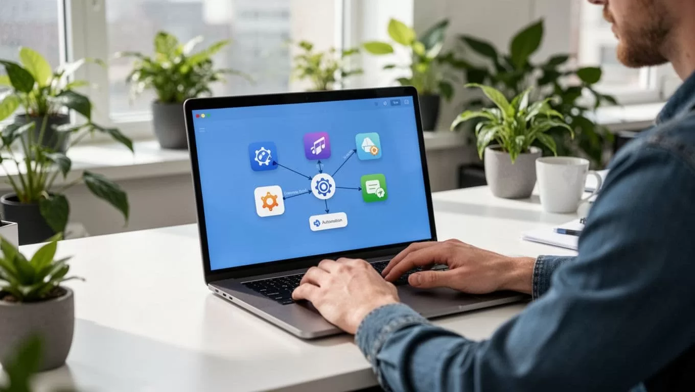 Person at clean desk builds simple no-code automation workflow on laptop screen with connected email-to-CRM app icons in bright office with plants.