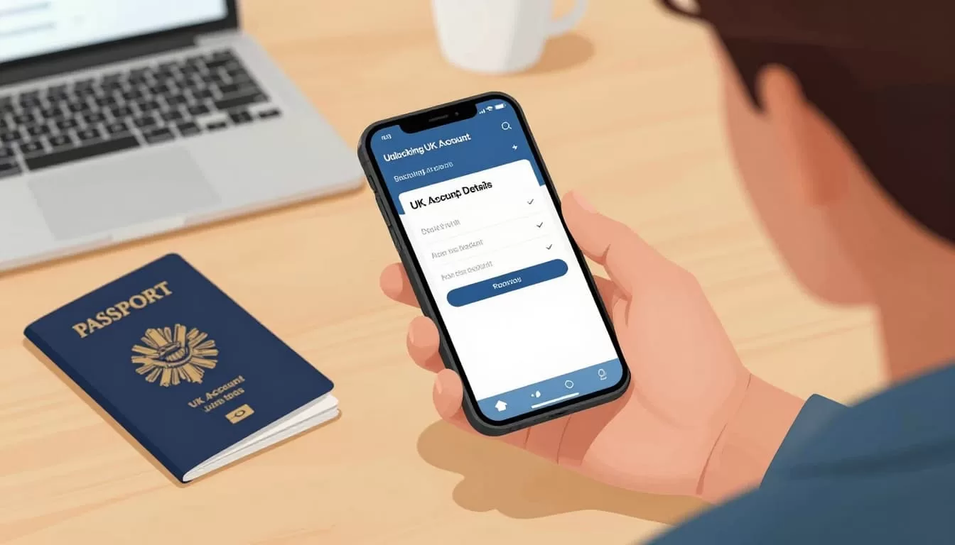 Person at desk holds phone open to Wise app UK bank details screen, passport nearby.