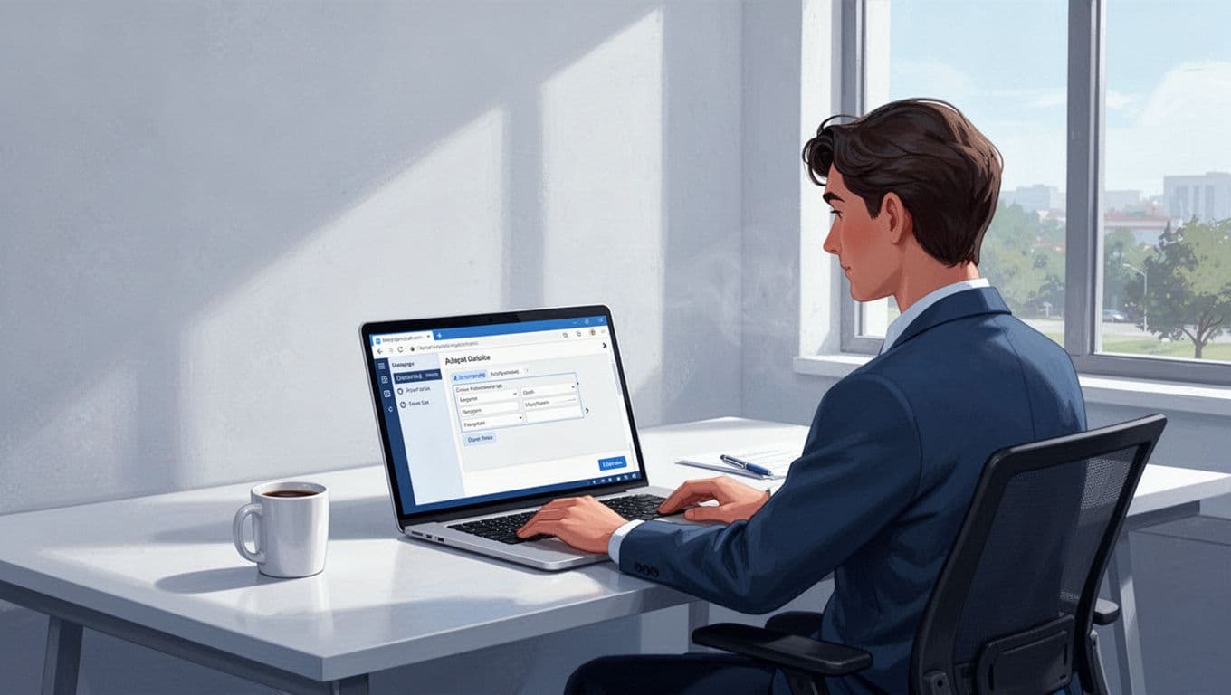 Person sits relaxed at modern desk with laptop showing browser automating form filling, coffee mug nearby, window view behind.