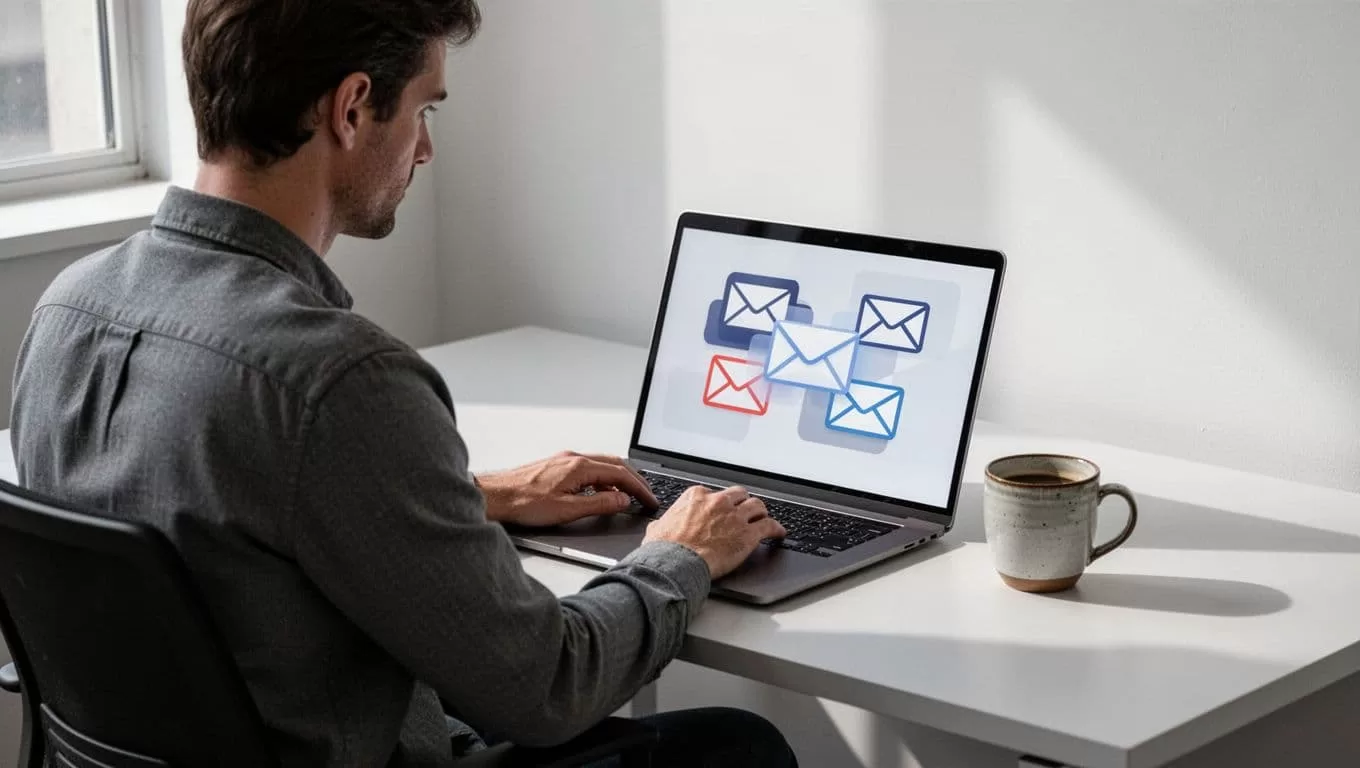 Person at desk with open laptop showing abstract email icons, coffee mug nearby, soft lighting.