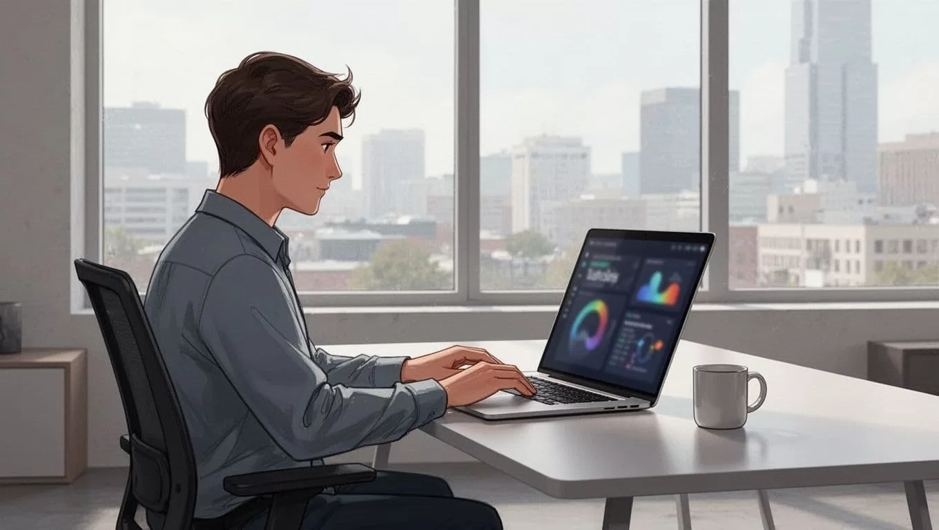 Person at modern office desk faces laptop with blurred Workspace dashboard plan options, coffee mug nearby, city view window behind.