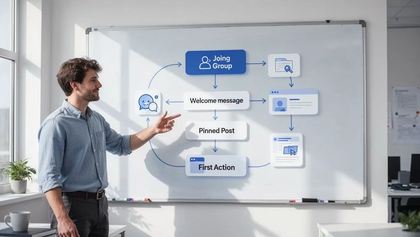 Whiteboard in bright office displays flowchart with arrows linking steps like join group to first action, icons, and one hand pointing.