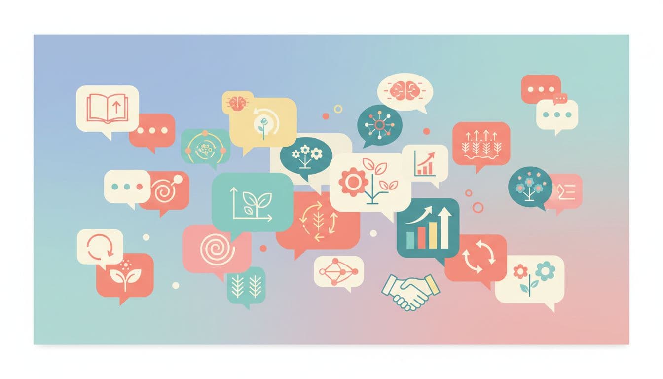 Speech bubbles and abstract icons of learning, growth, and connection on soft pastel background.