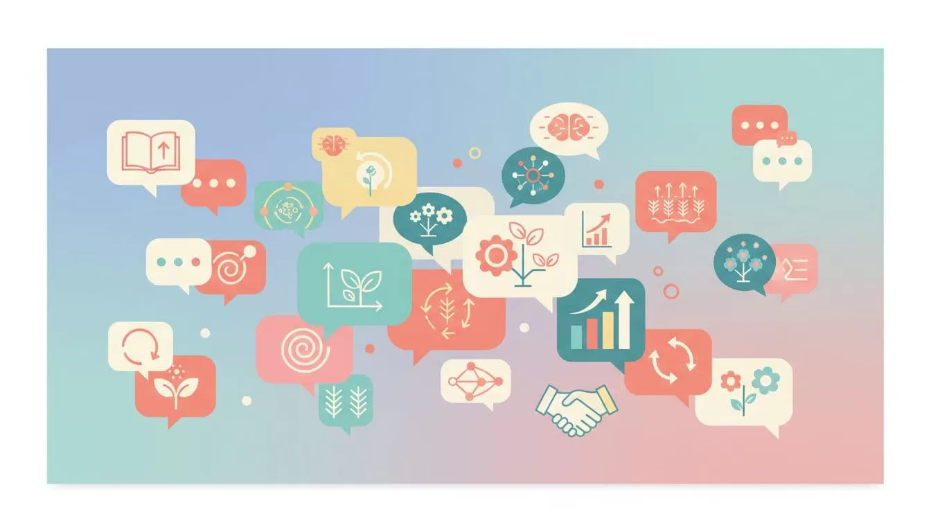 Speech bubbles and abstract icons of learning, growth, and connection on soft pastel background.