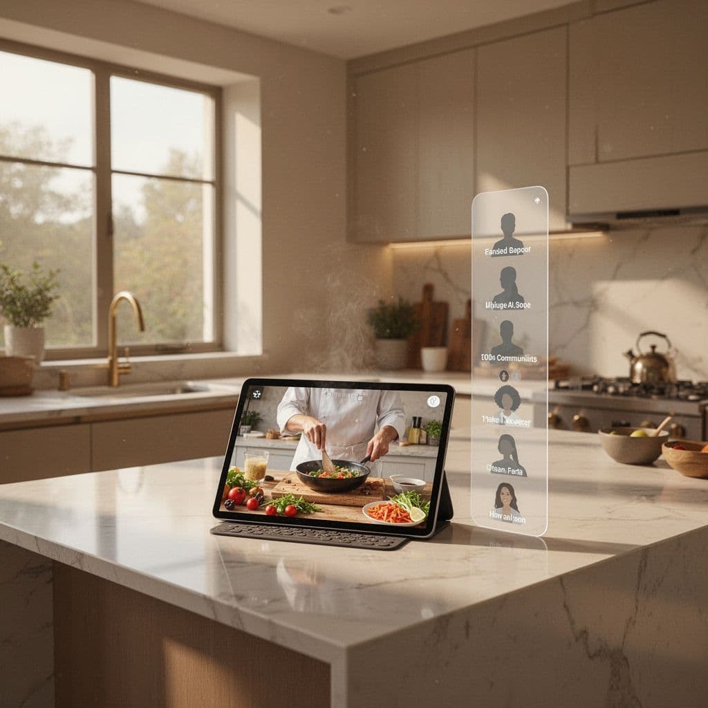 Clean illustration of modern online cooking class UI with kitchen view and community sidebar.