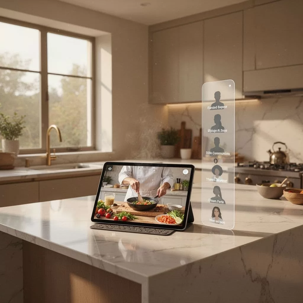 Clean illustration of modern online cooking class UI with kitchen view and community sidebar.