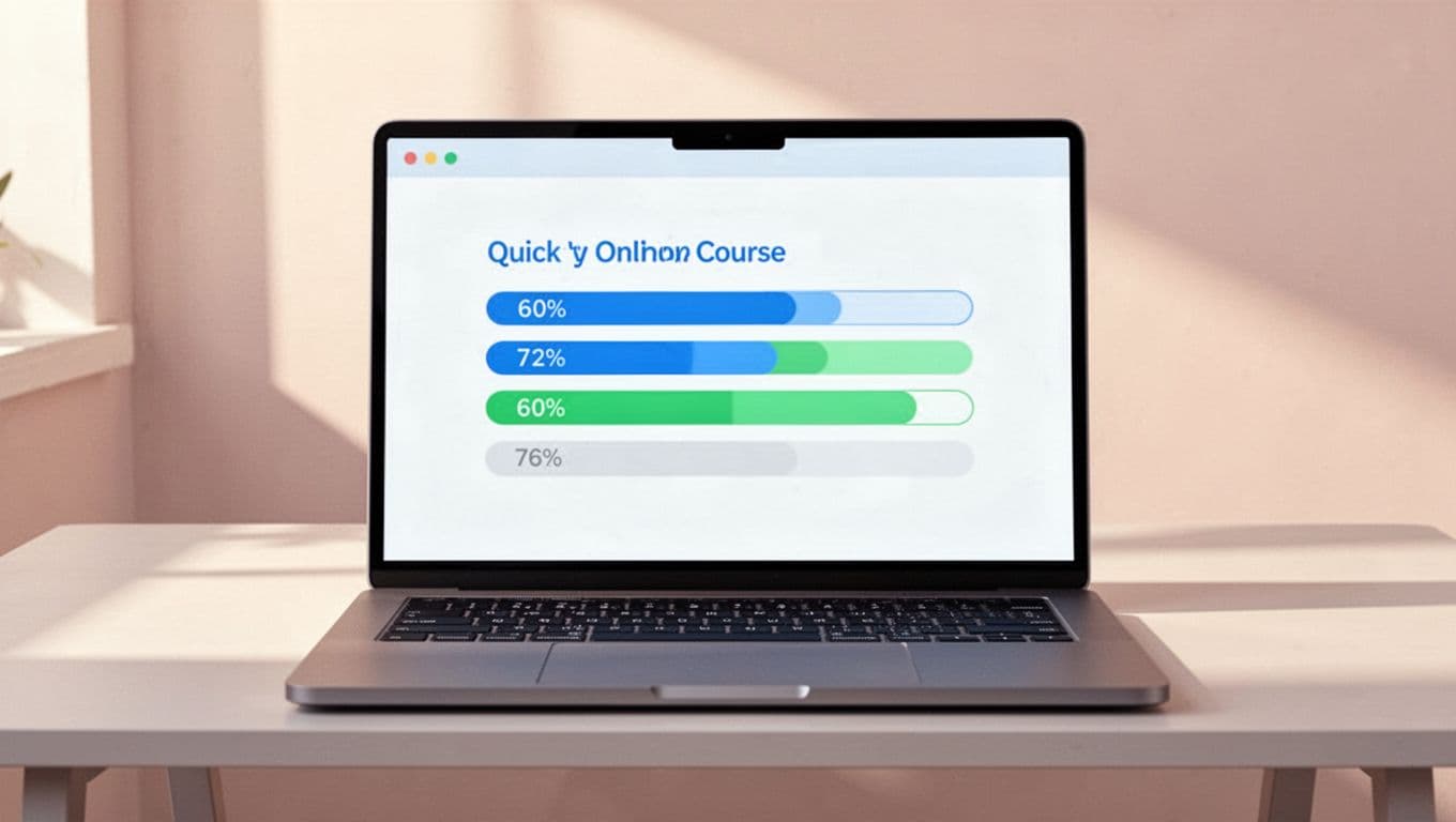 Laptop screen displays online course interface with progress bars filling up and completed milestone tasks.