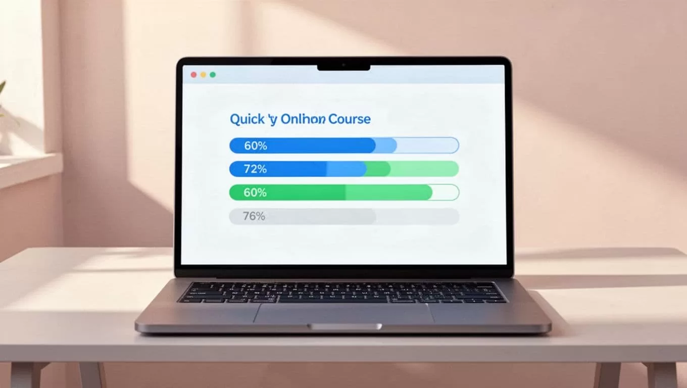 Laptop screen displays online course interface with progress bars filling up and completed milestone tasks.