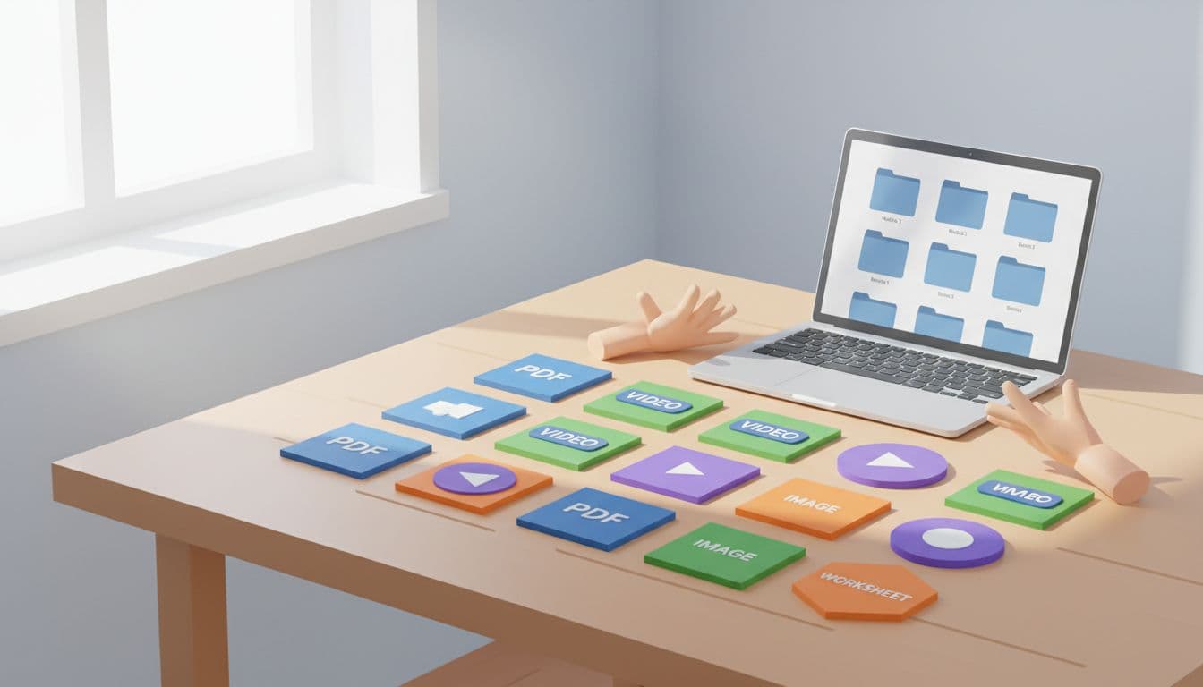 Neatly arranged PDFs, video thumbnails, images, and worksheets on wooden desk next to open laptop with folder icons, reviewed by one person in bright home office.