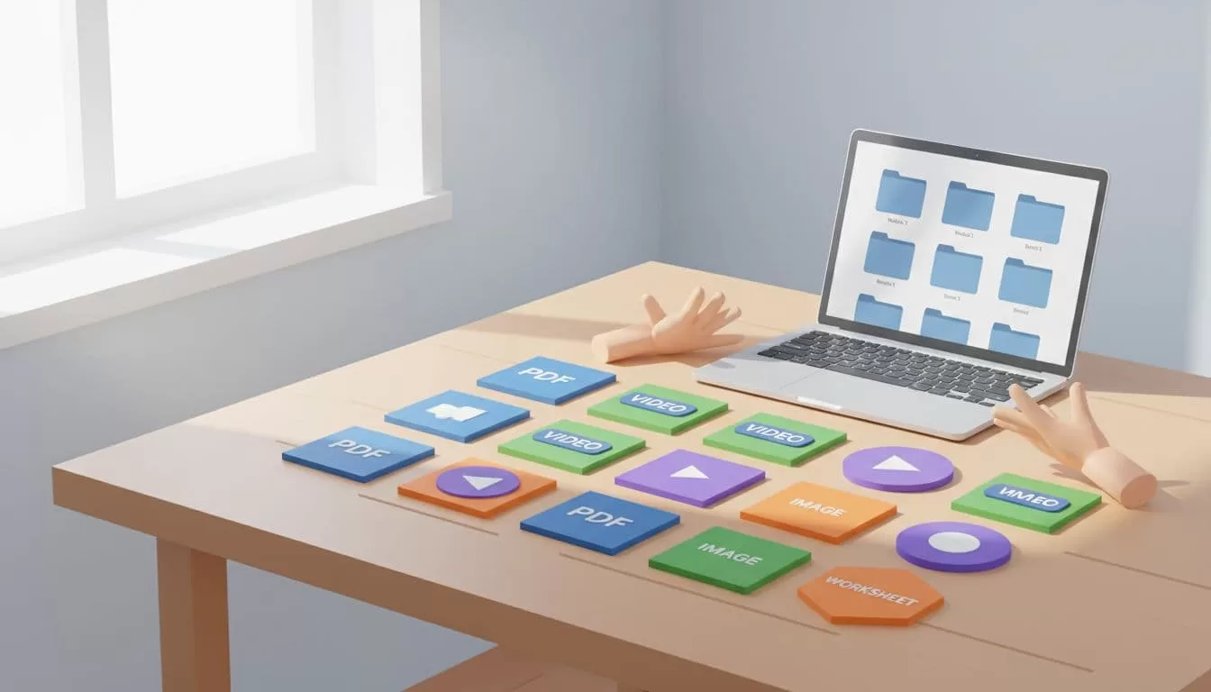 Neatly arranged PDFs, video thumbnails, images, and worksheets on wooden desk next to open laptop with folder icons, reviewed by one person in bright home office.