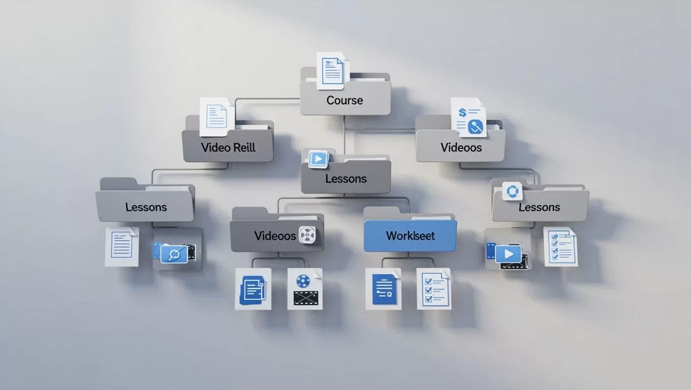 Tree structure of course modules and lessons with folder and file icons for PDFs, videos, worksheets.