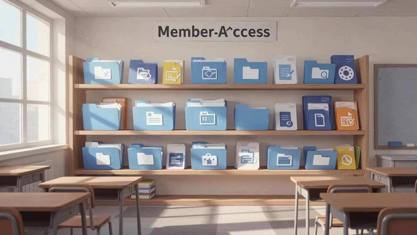 Neatly stacked files, folders, and icons like shelves in a Skool classroom.