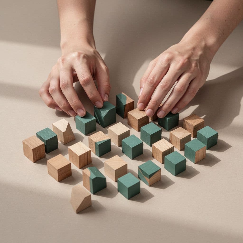 A pair of hands arranges scattered geometric shapes into clean and orderly rows.