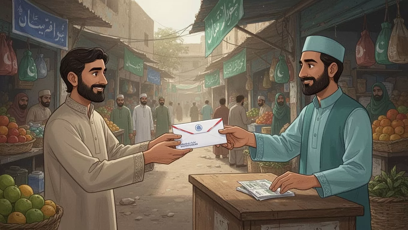 Person receives envelope from agent behind counter in simple Pakistani street market.