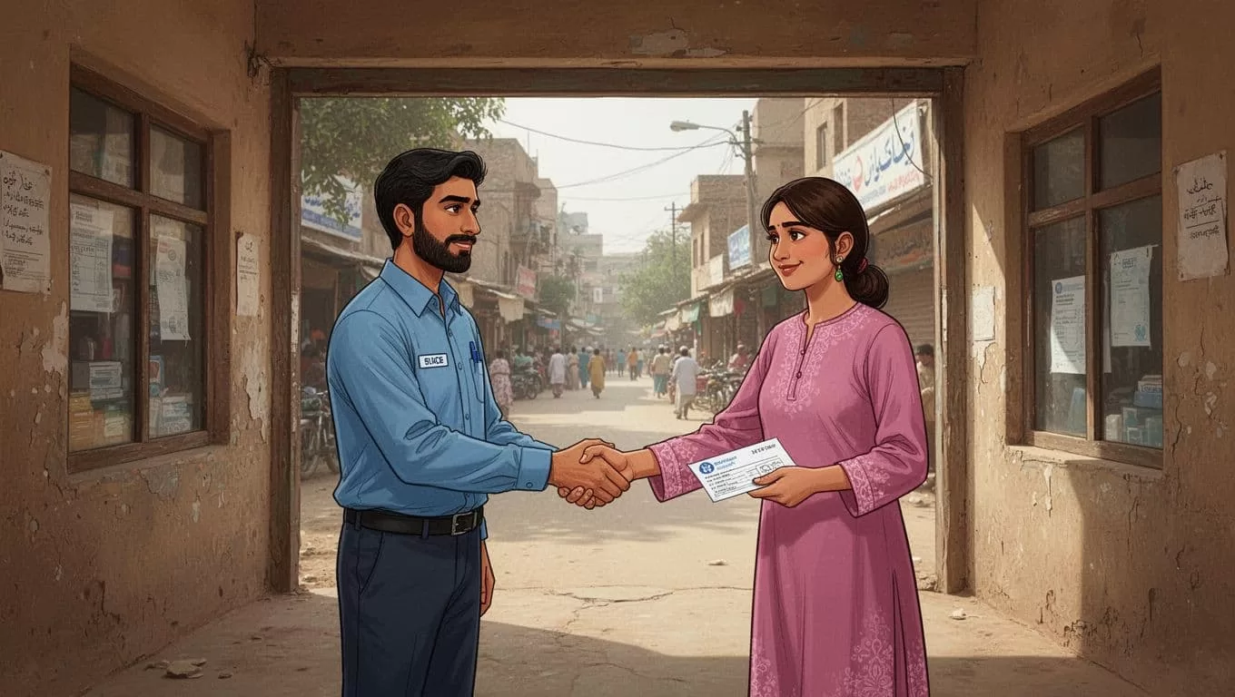 Recipient shakes hands with agent holding receipt envelope inside small cash pickup storefront on busy Pakistani street.
