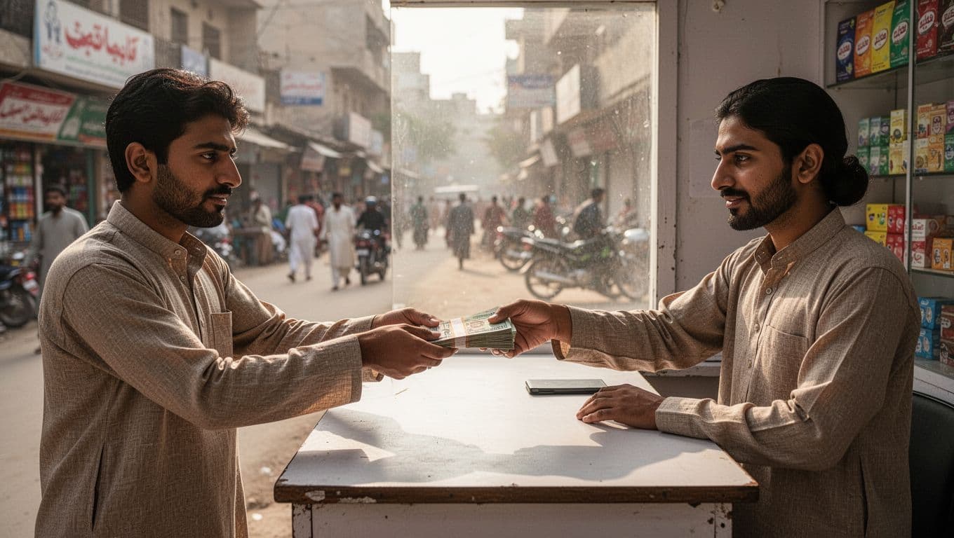 Sender hands cash to agent over counter while family receives it happily in busy urban street background.