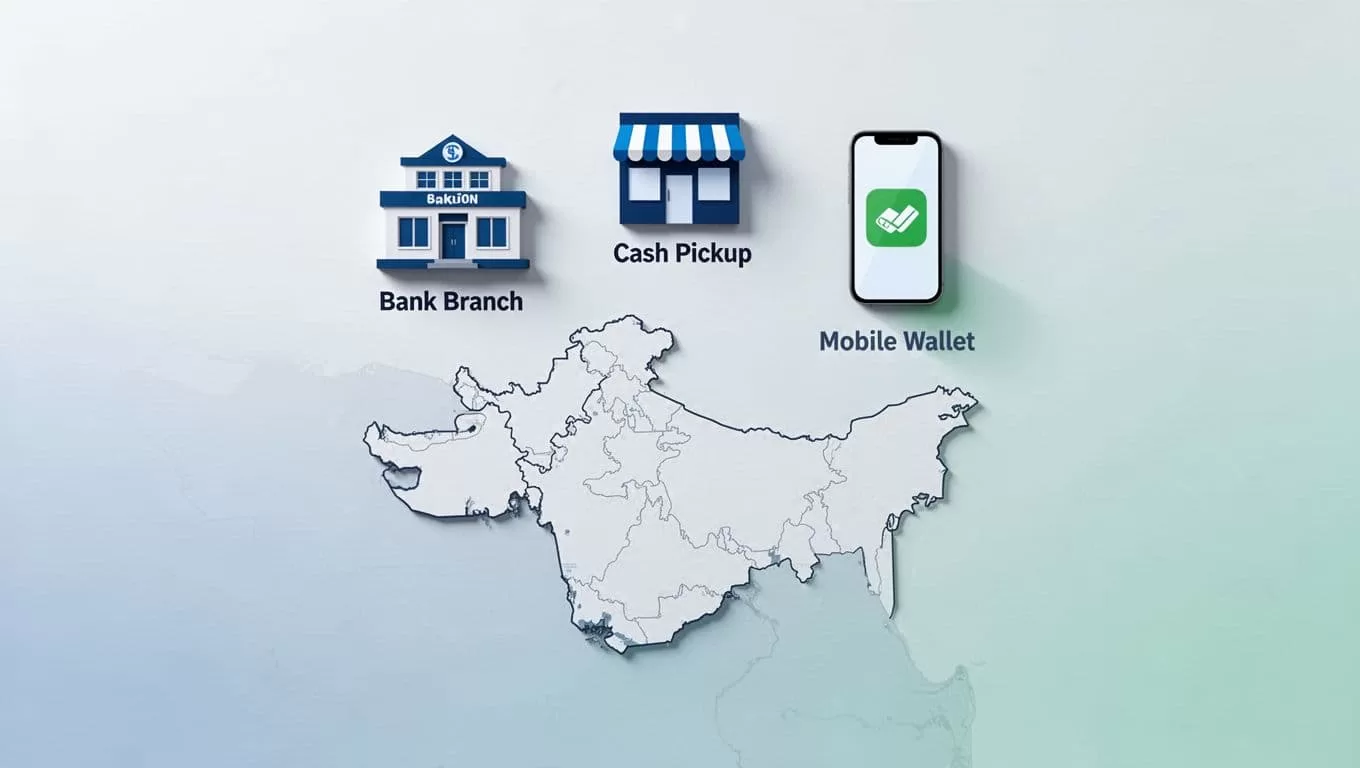 Subtle outline map of Pakistan with bank branch, cash pickup store, and mobile wallet icons in triangular arrangement.