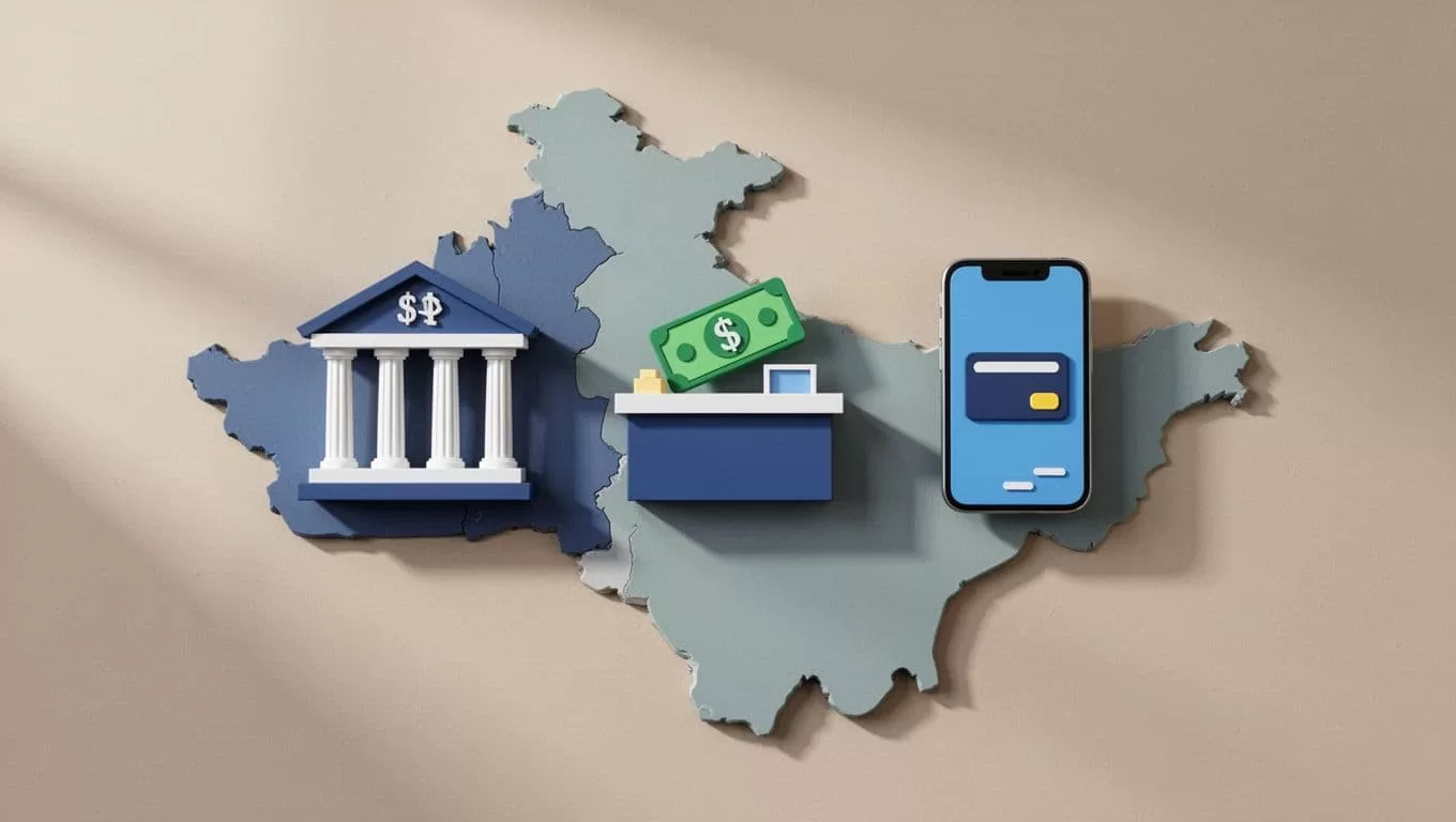 Three icons—bank building, cash counter, mobile wallet—arranged side by side on a simple Pakistan map.