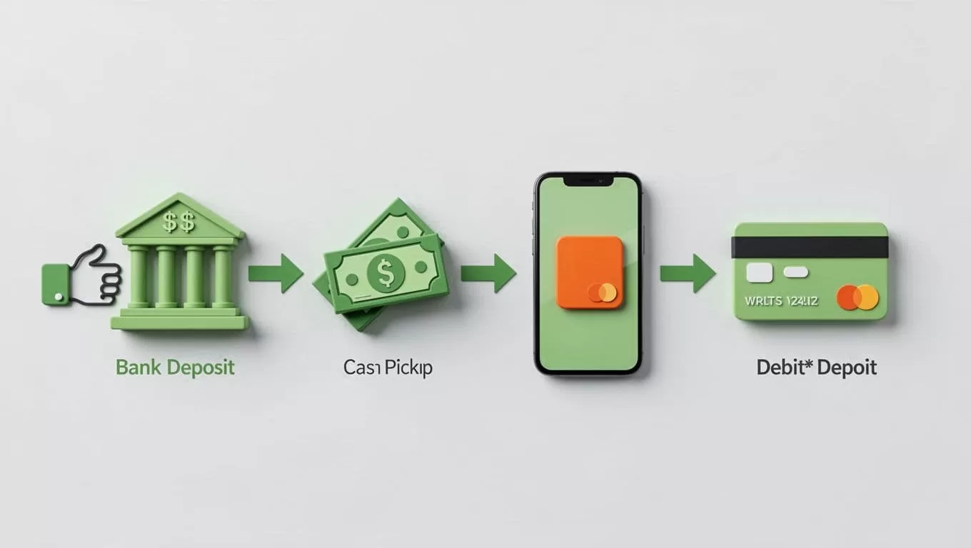 Four icons in a row depict bank deposit, cash pickup, mobile wallet, and debit card with money flow arrows from sender.
