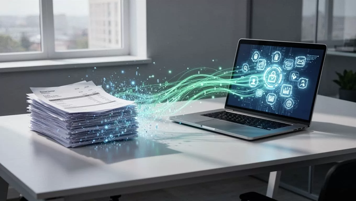 Office desk with paper invoices on one side morphing into digital data flowing into a laptop screen.