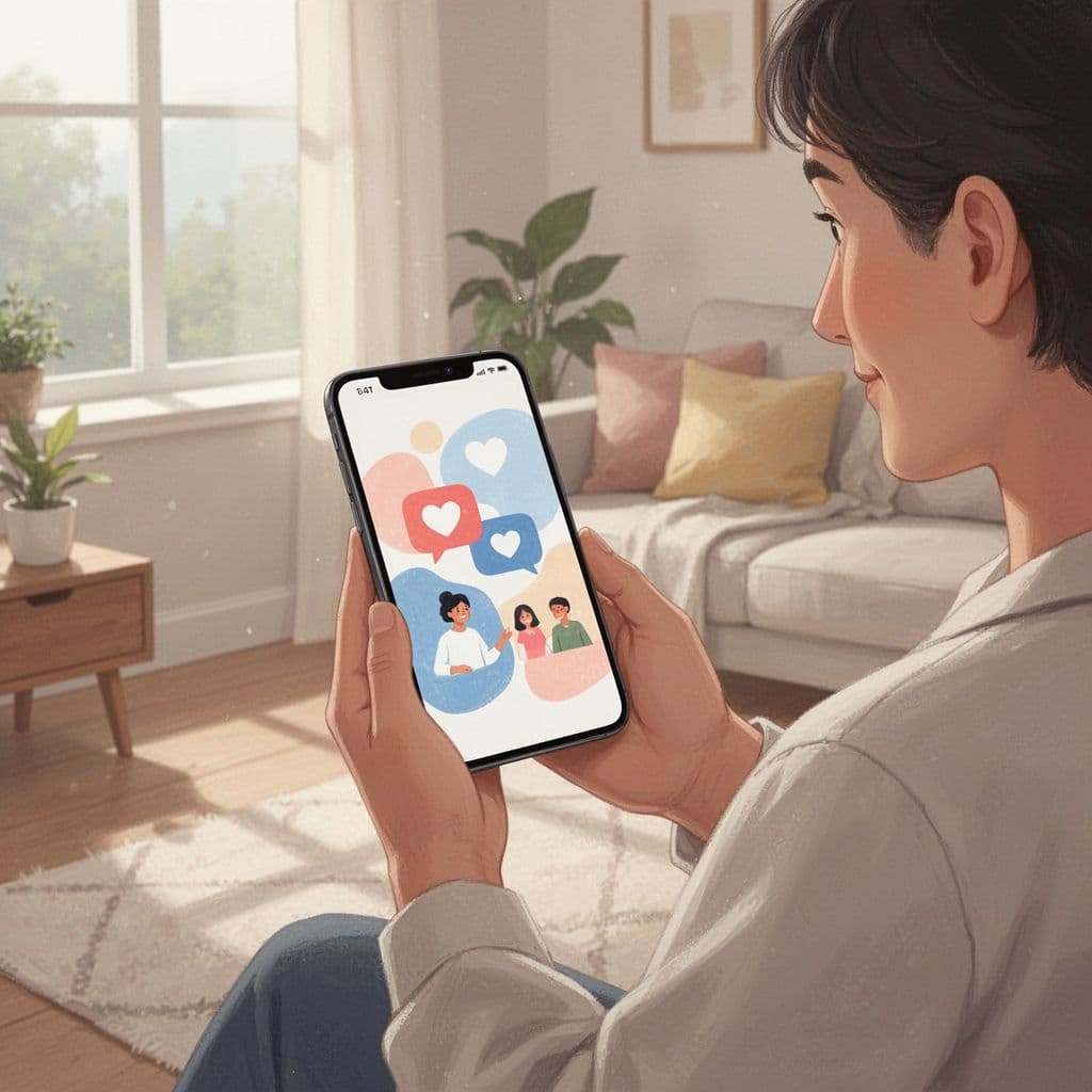 Parent holds smartphone showing abstract community interface with heart and talk bubble icons in cozy home.