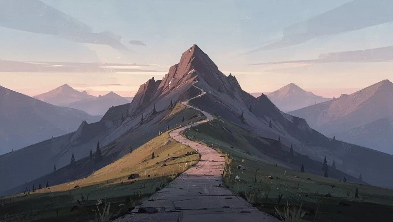 A clear path leads upward toward a mountain peak using minimalist geometric shapes and soft dawn colors.