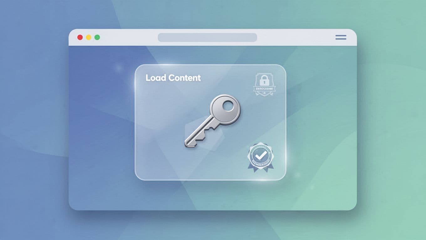 Paywall overlay on sleek website shows locked content behind gate with key icon and membership badge.