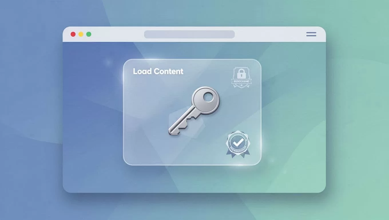 Paywall overlay on sleek website shows locked content behind gate with key icon and membership badge.