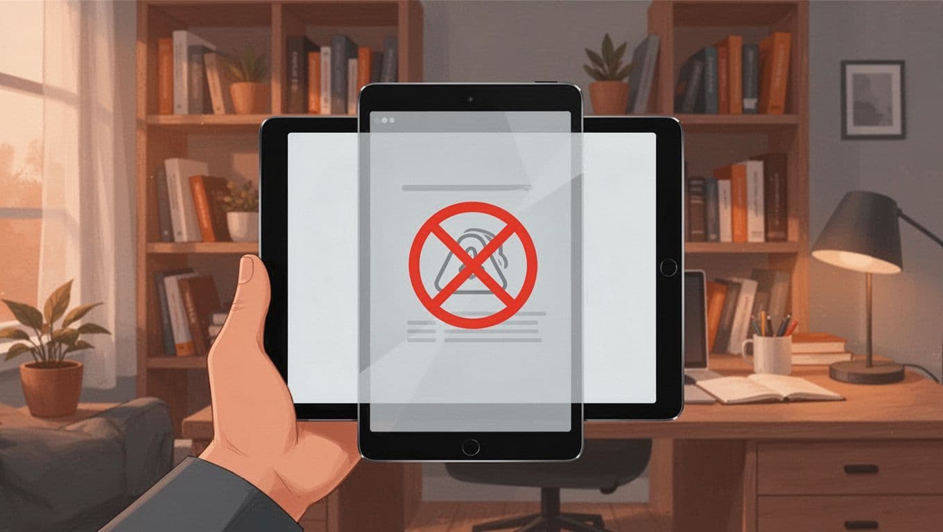 Hand holds tablet showing locked content paywall in cozy home office with bookshelves.