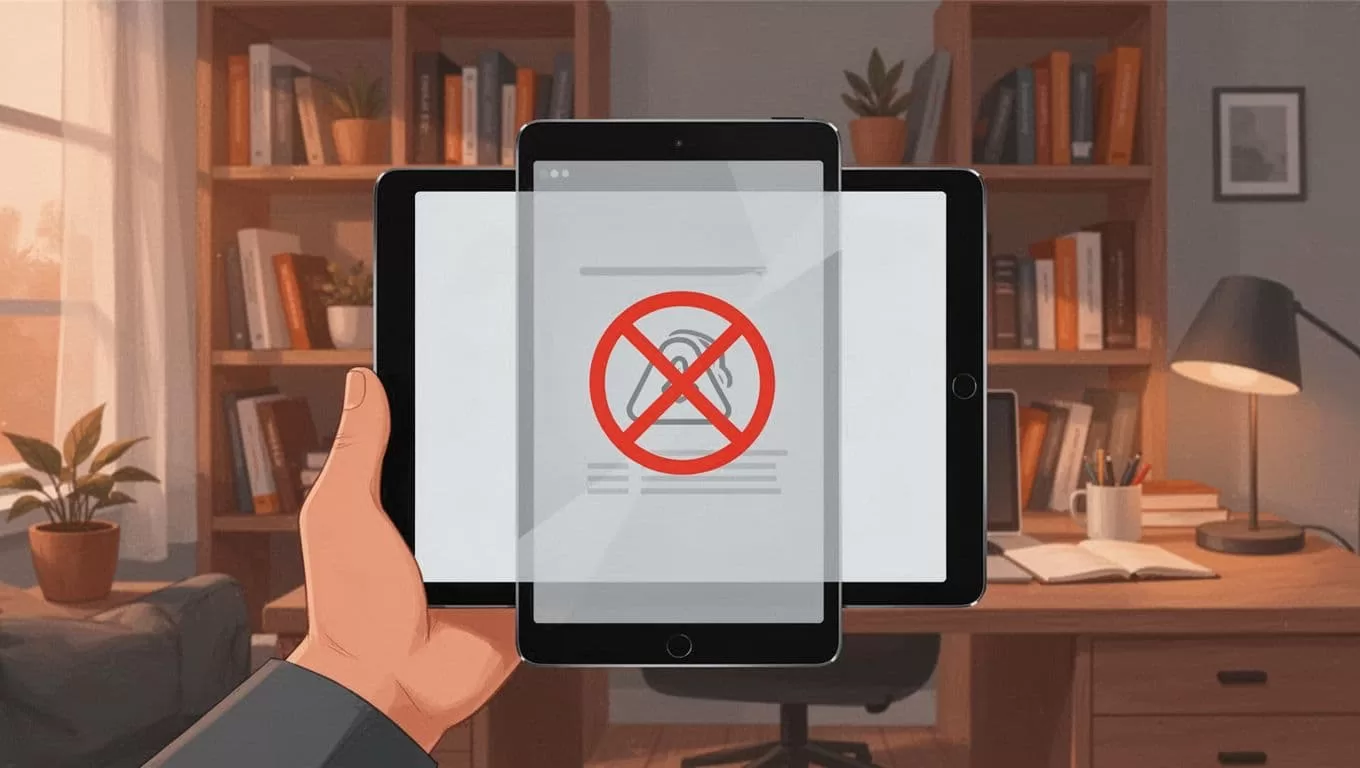 Hand holds tablet showing locked content paywall in cozy home office with bookshelves.