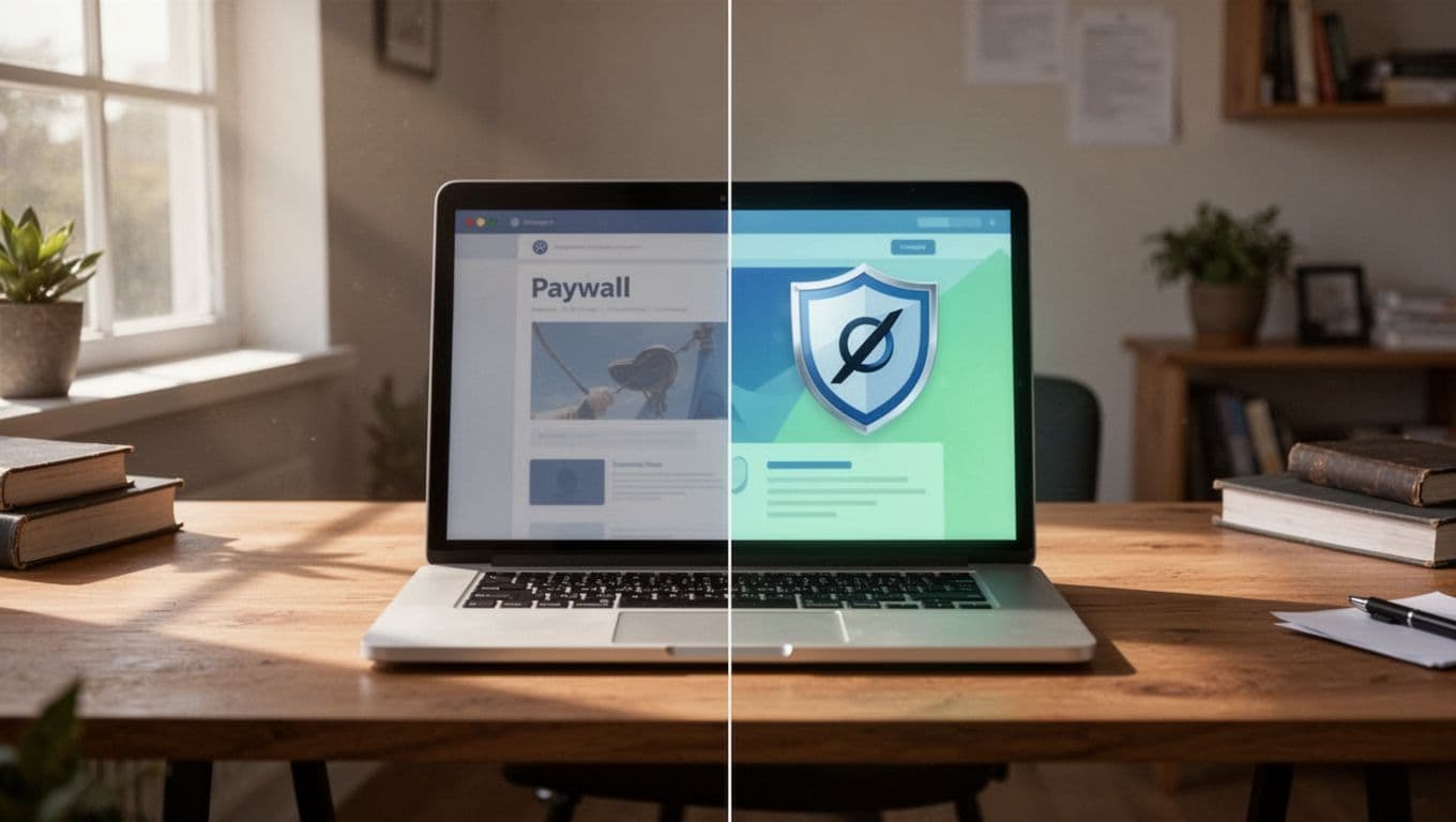 Laptop screen splits to show public teaser left and full member content right in cozy office.