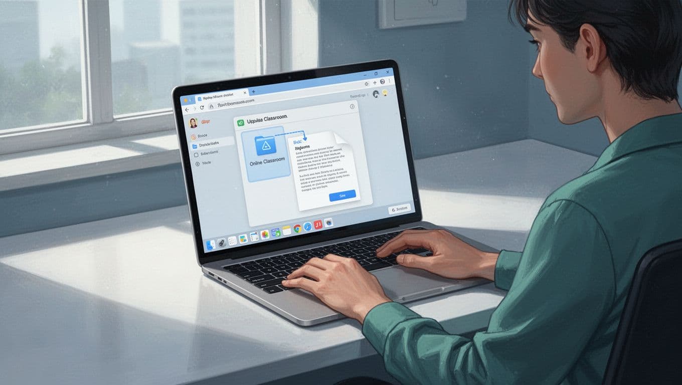 Focused creator at desk drags PDF from folder to Skool Classroom upload area on laptop screen.