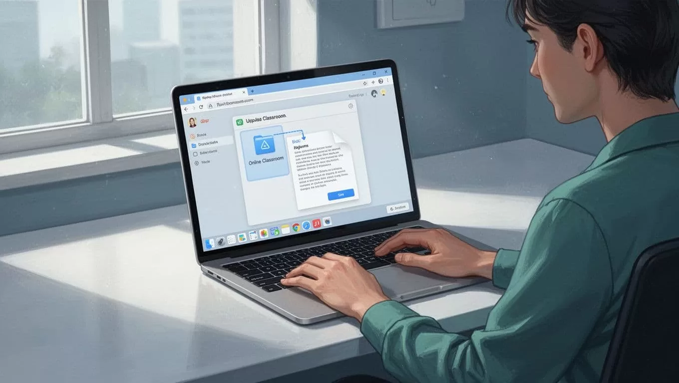 Focused creator at desk drags PDF from folder to Skool Classroom upload area on laptop screen.