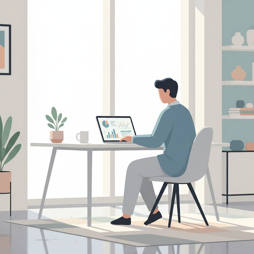 A person sits at a desk in a minimalist office working on a laptop.