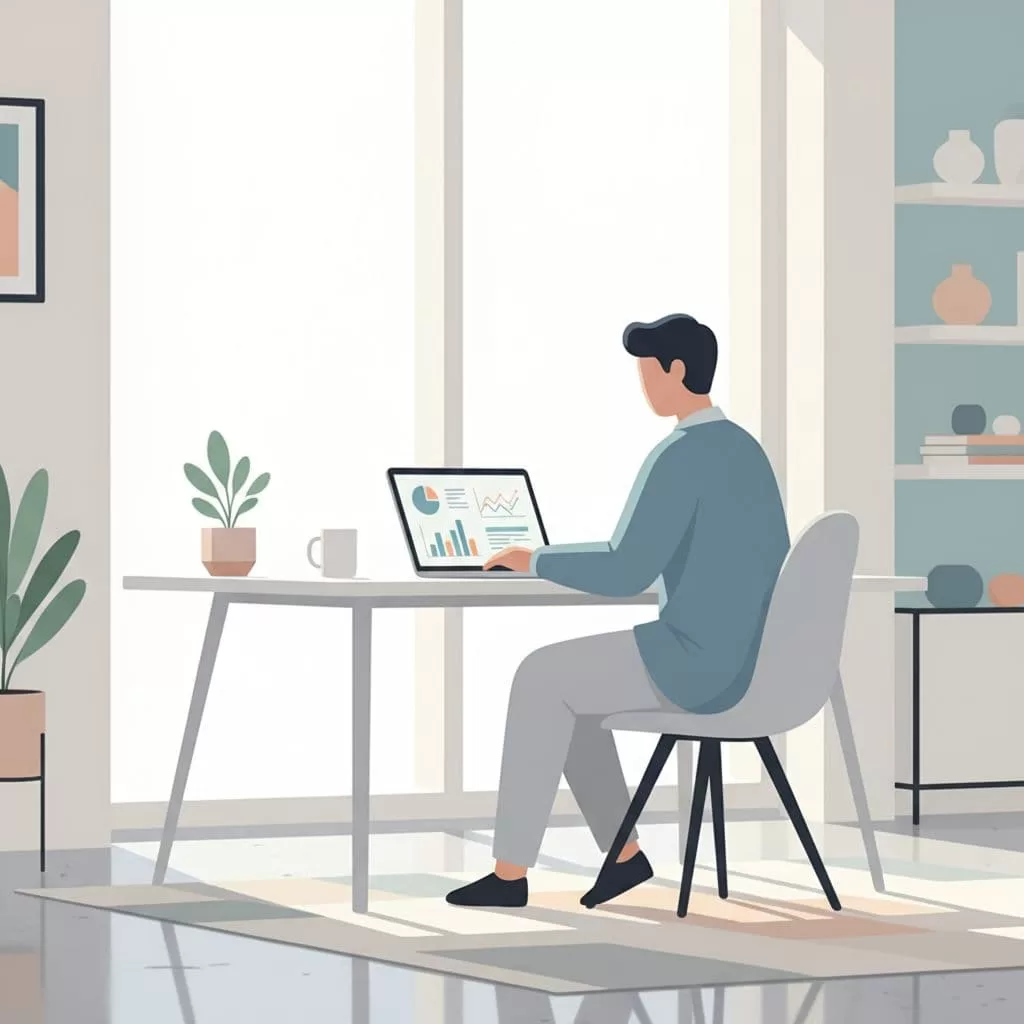 A person sits at a desk in a minimalist office working on a laptop.