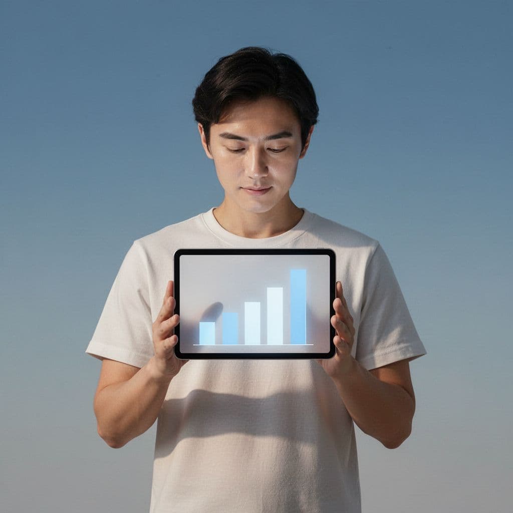 A person views glowing bar charts and analytical trends displayed on a handheld tablet device.