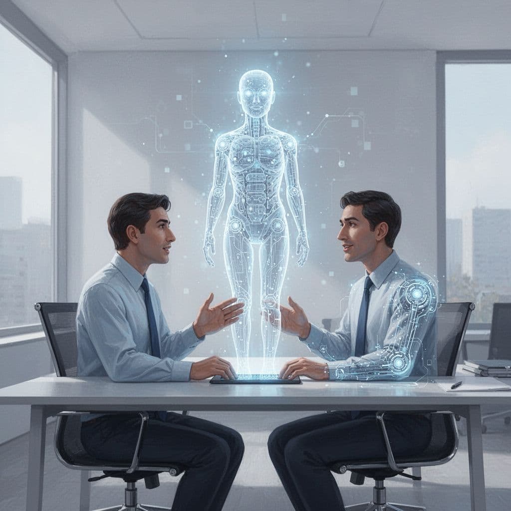 A person sits at a desk working alongside a glowing silhouette representing a digital partner.